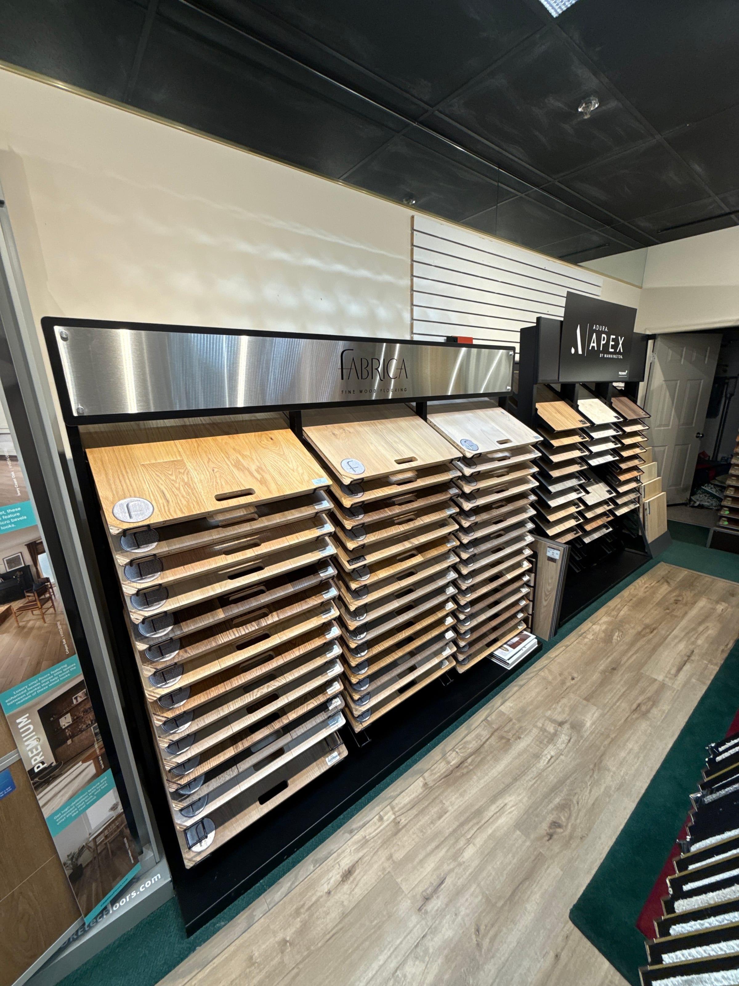 Interior of the Olney showroom with carpet samples on display.
