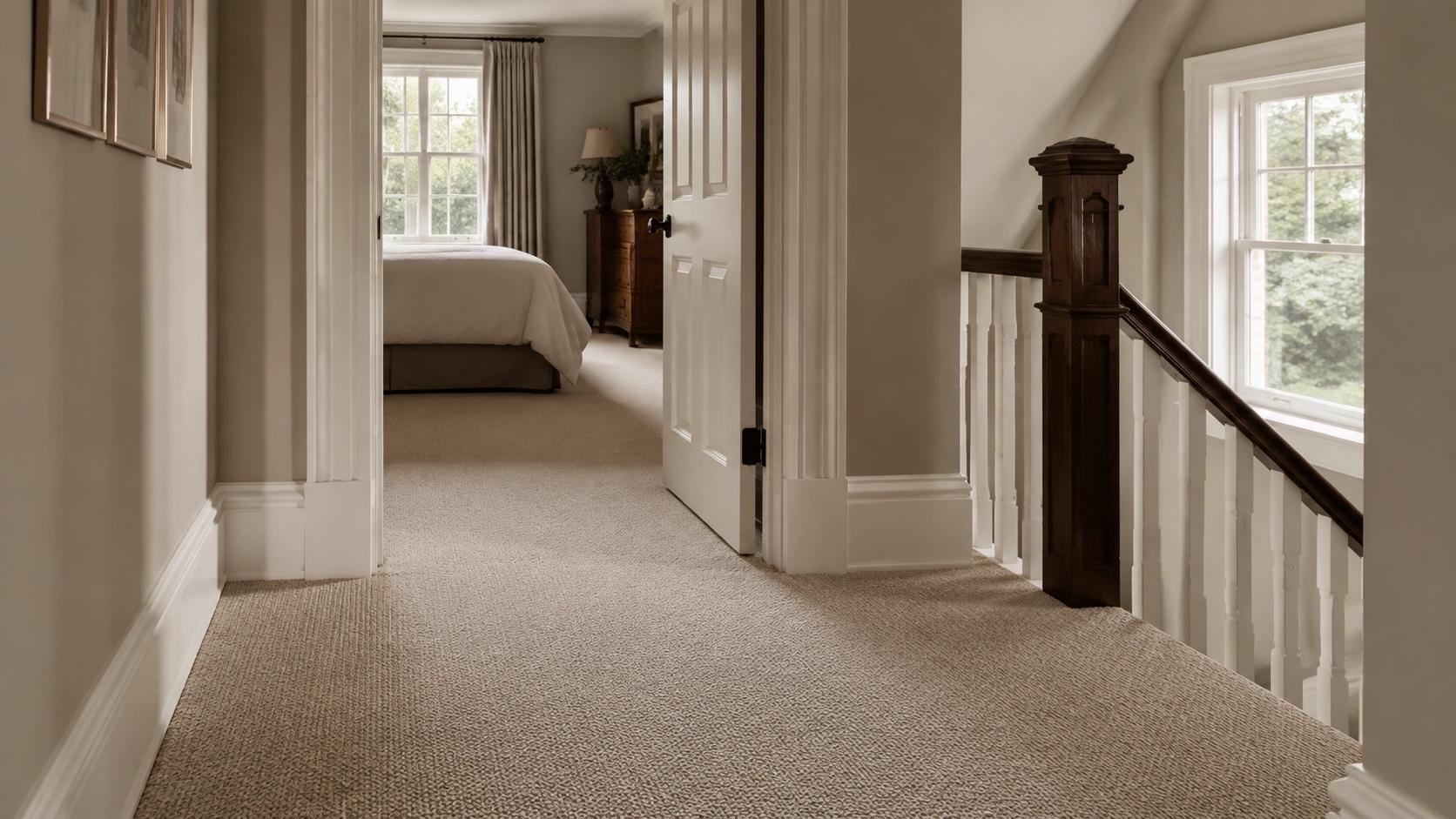 Warm neutral carpet in an older home's upstairs hallway, bedroom, and stair landing.