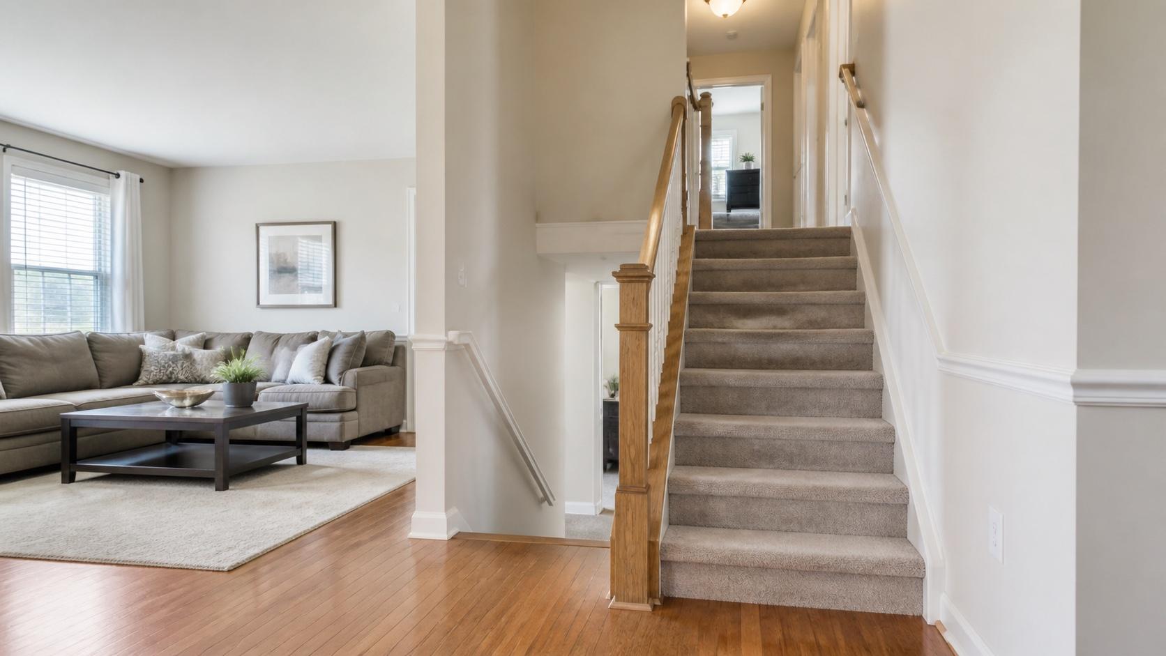 Neutral carpeted stairs and an upper hallway in a two-story townhome interior.