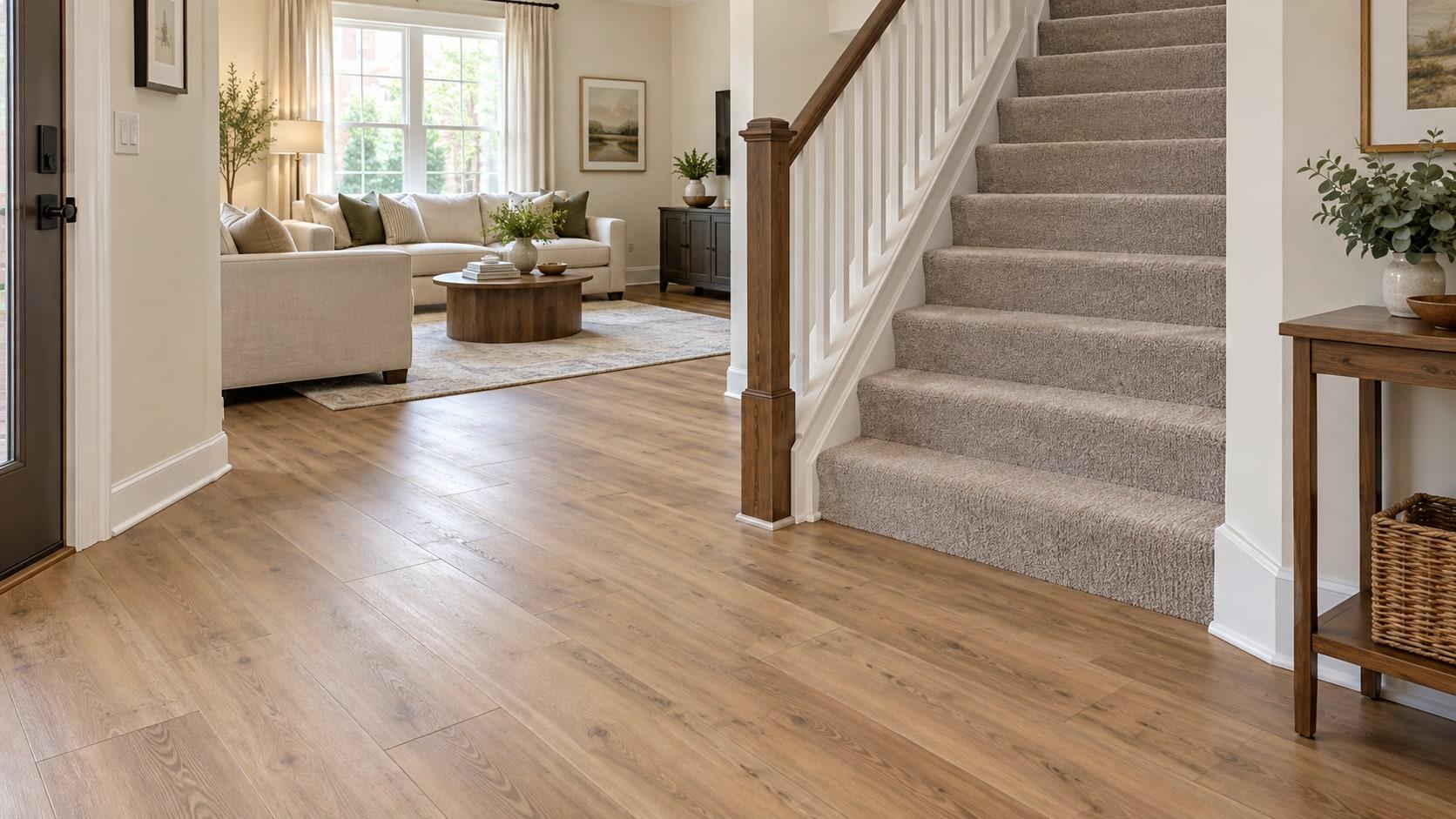Illustrative townhome interior with oak-look plank flooring beside oatmeal-carpeted stairs.