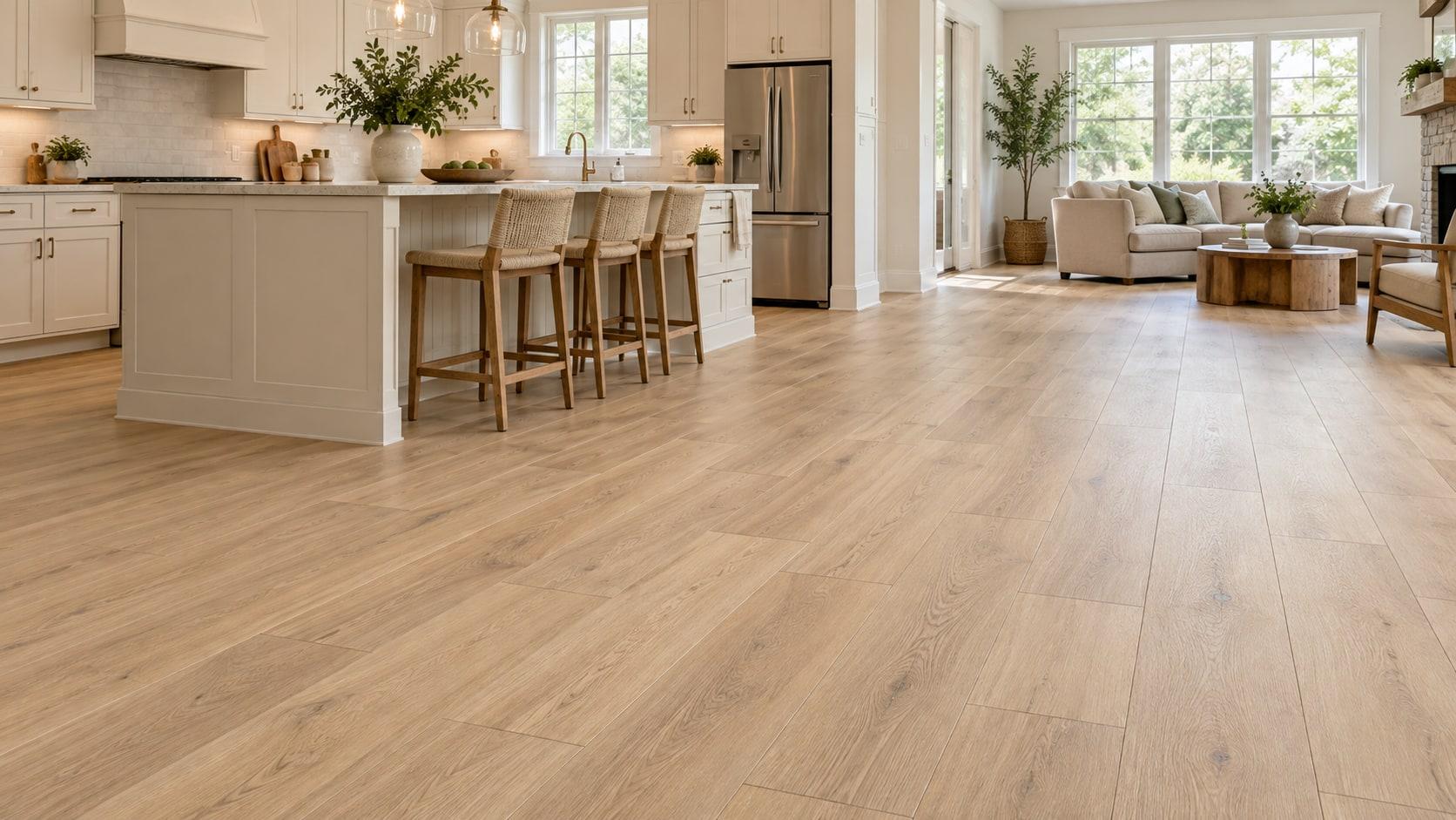 AI-generated room inspiration with pale oak-look flooring across a bright kitchen and family room.