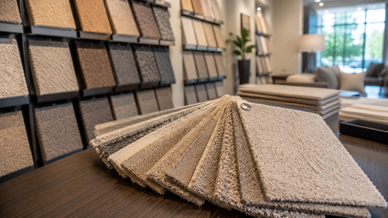 A display of carpet samples in a range of fibers, textures, and colors in a bright flooring showroom.