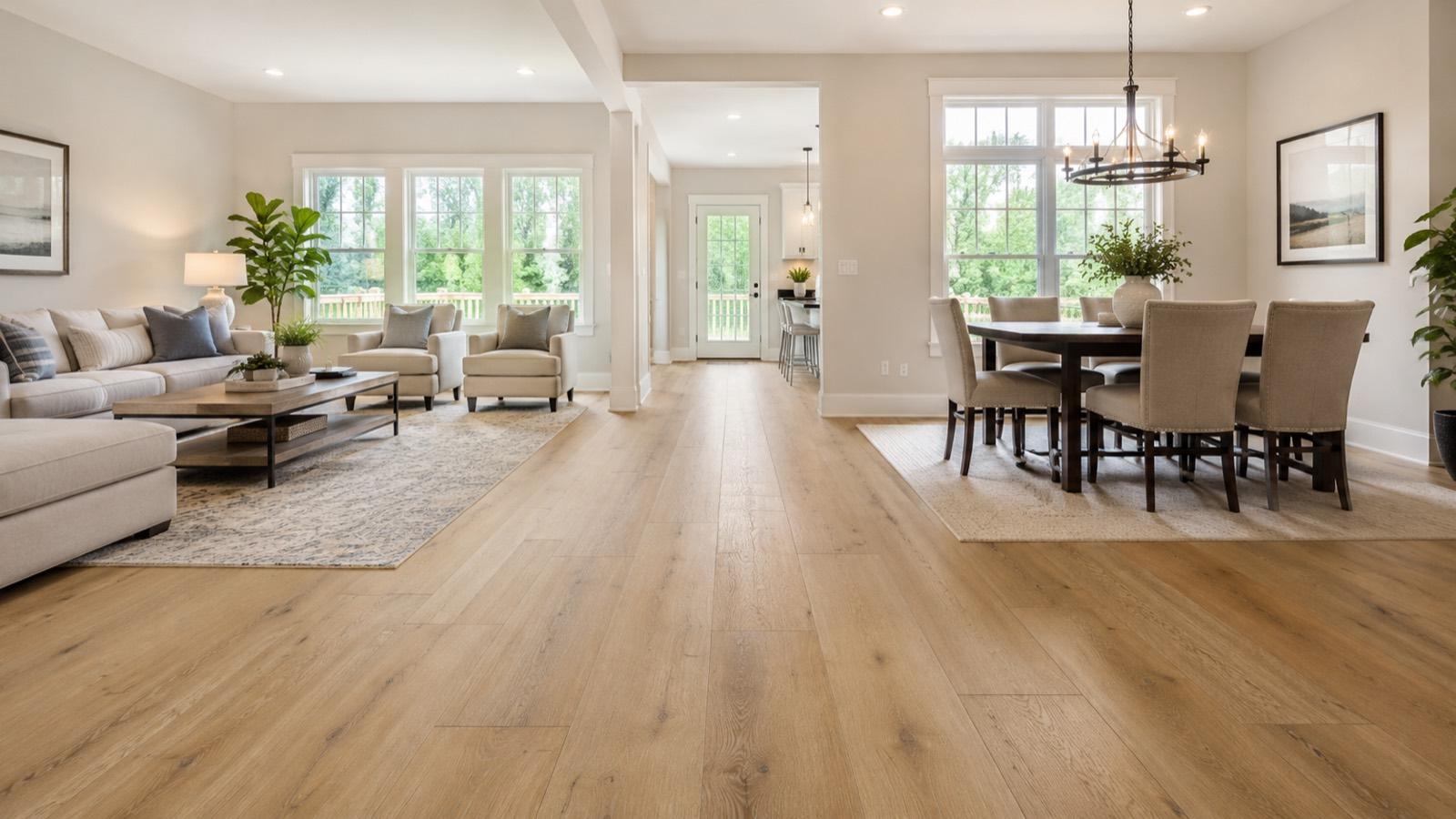 Wide-plank wood-look flooring running through a sunlit open-concept living and dining area in a Montgomery County home.