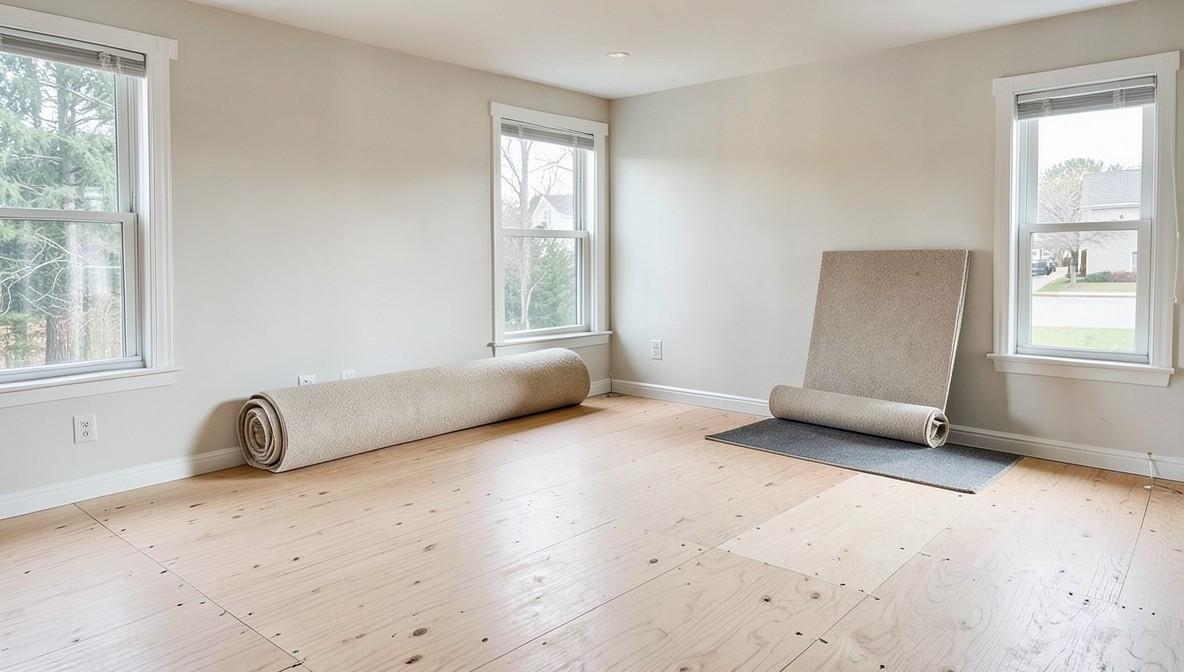 An emptied living room with a clean subfloor prepared for professional carpet installation.