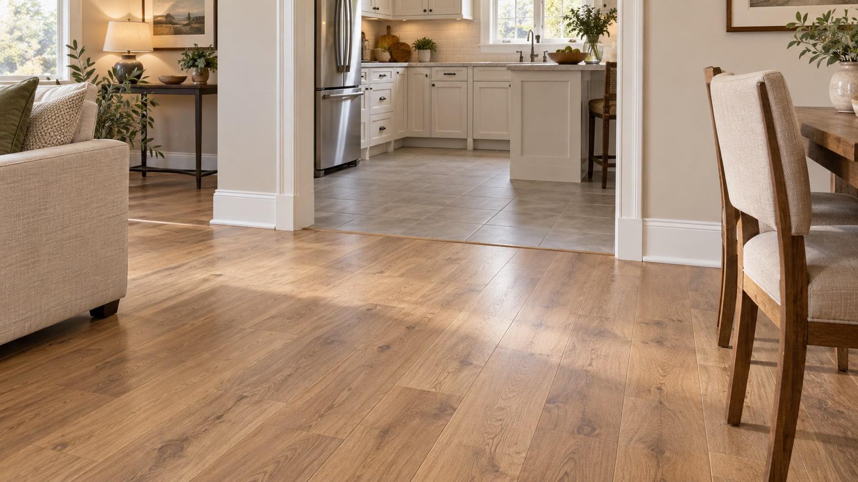 AI-generated interior illustration showing oak-look plank flooring meeting kitchen tile at a wide doorway.