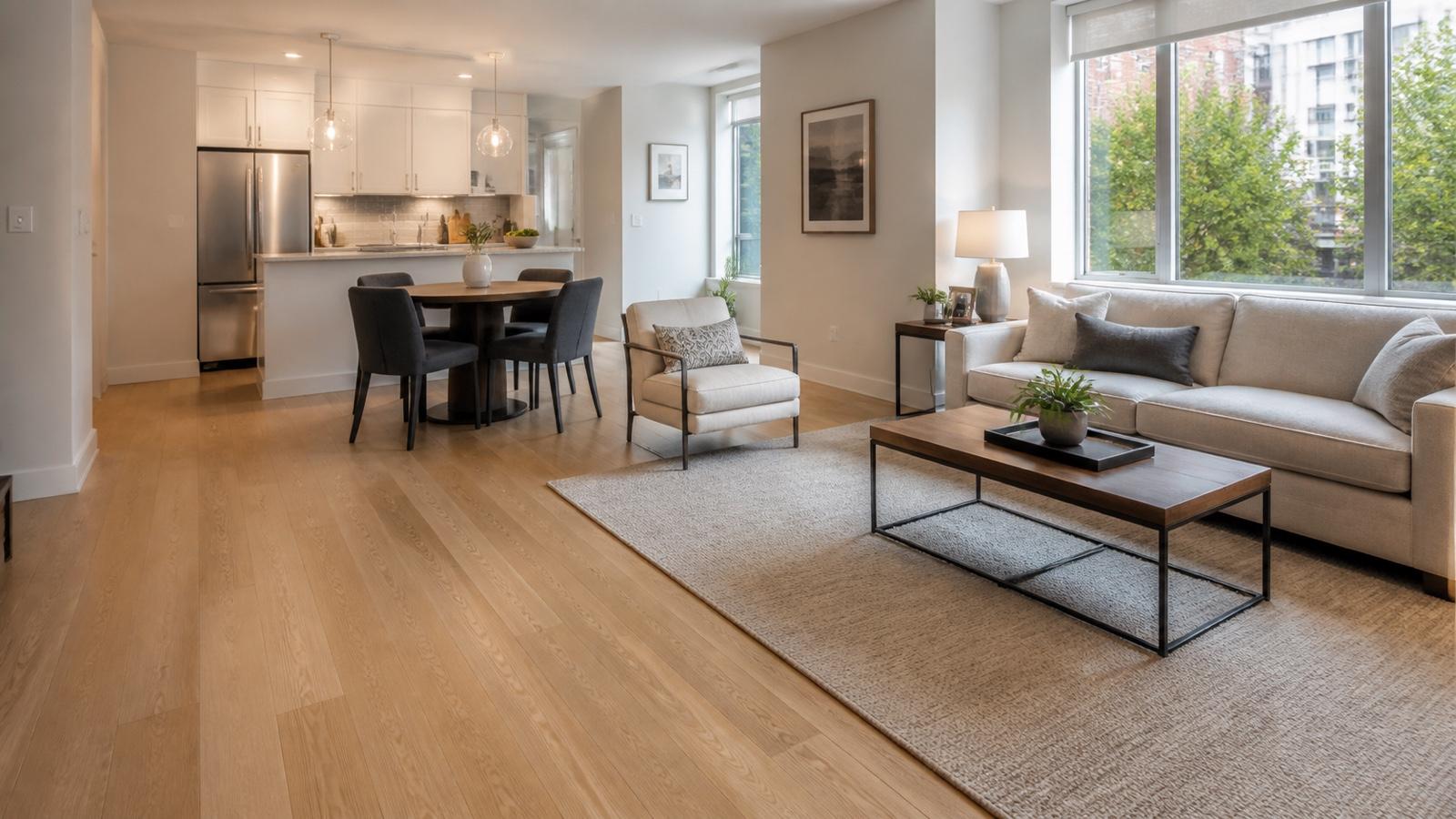 A bright contemporary condo living and dining area with warm wood flooring and large windows.