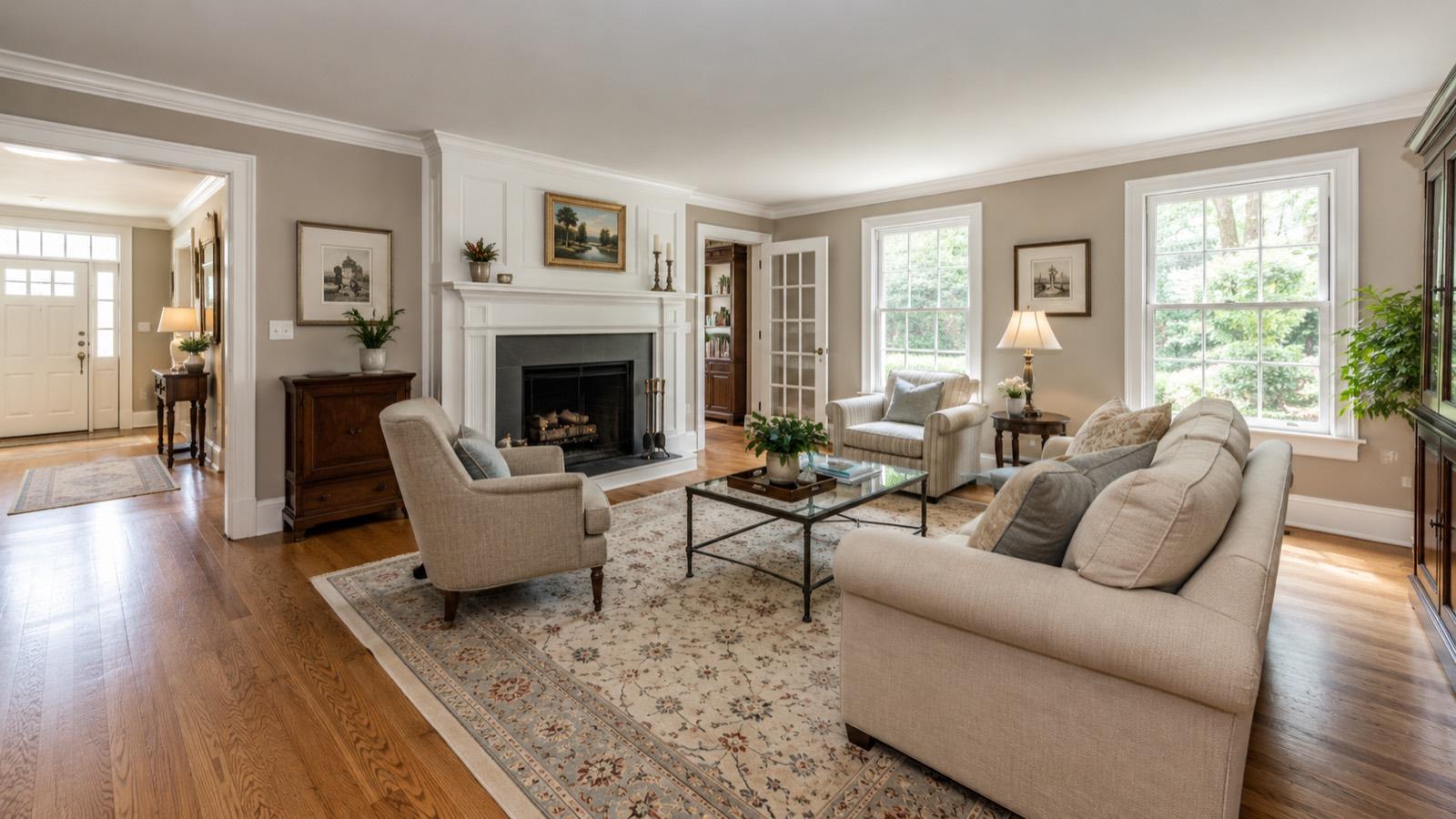 Warm oak hardwood in a traditional Bethesda living room with a fireplace and large windows.