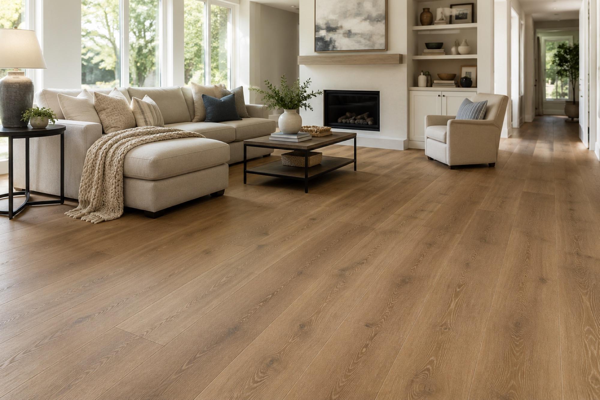 Wide-plank oak-look laminate flooring