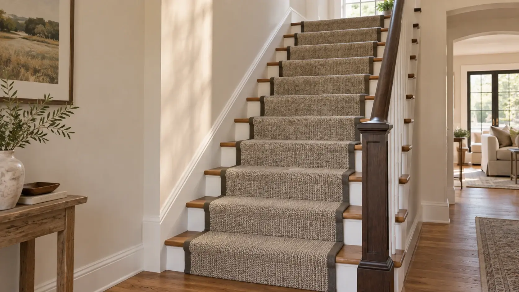 Design inspiration: a textured neutral stair runner on warm wood stairs