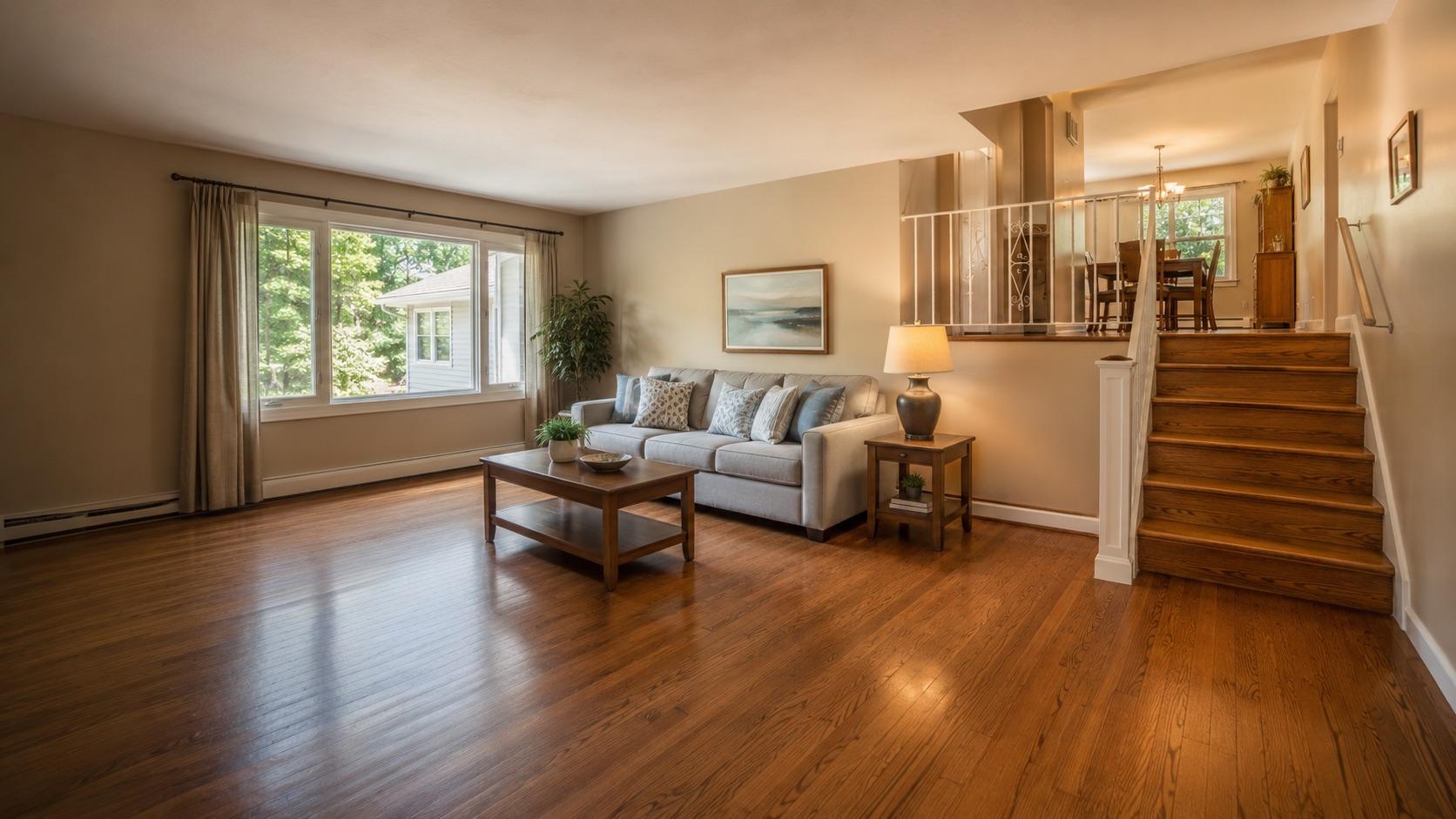 Refinished oak hardwood in a 1970s Aspen Hill split-level living room open to the dining area.