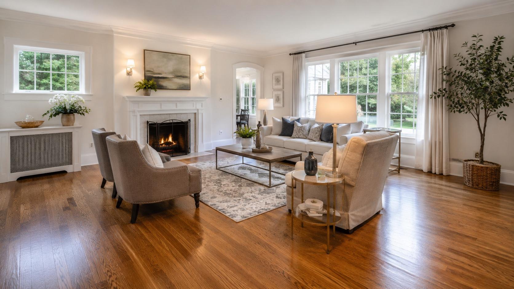 Warm oak hardwood flooring in a traditional close-in Bethesda living room with a white-brick fireplace.