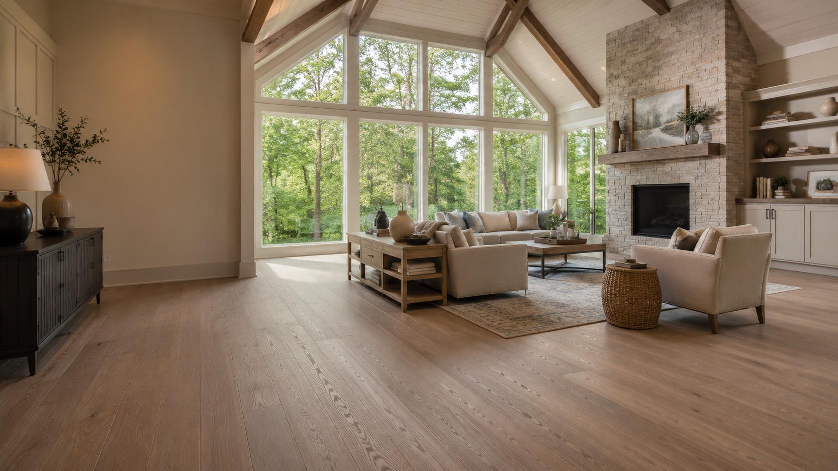 Warm wide-plank hardwood in a high-end Cabin John great room with large windows and river-cottage character.