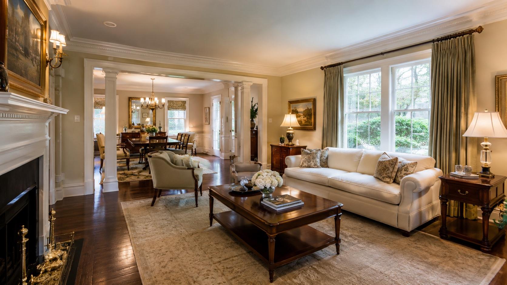 Dark hardwood flooring in a formal Chevy Chase living room with columns and a marble fireplace.