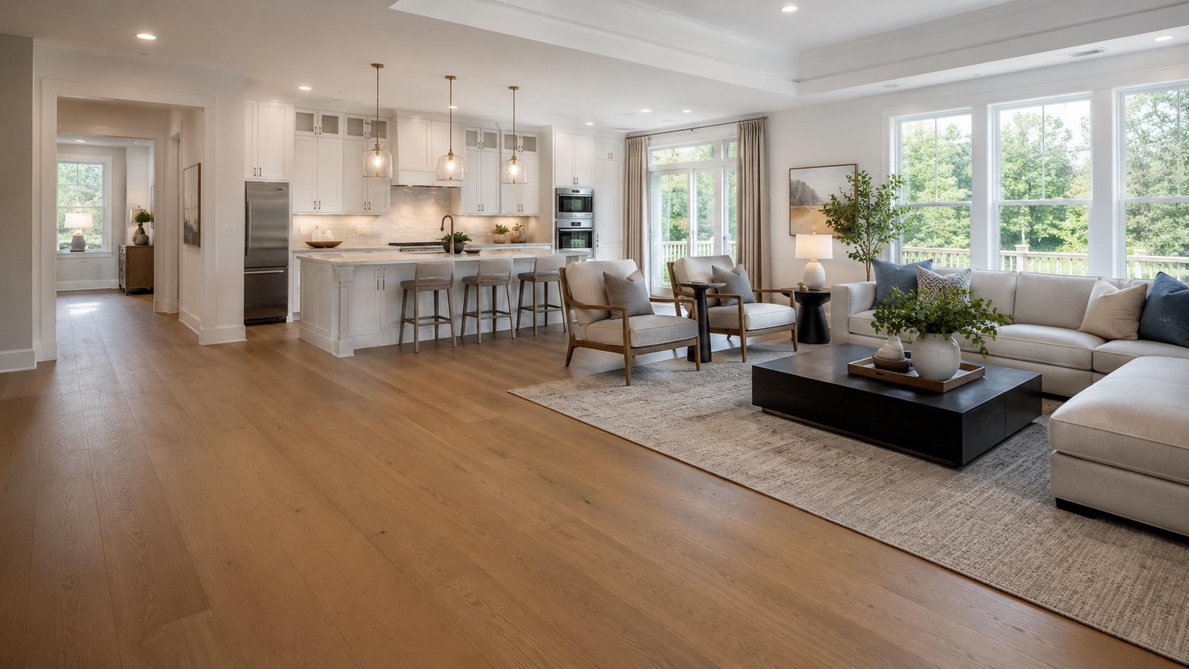 Wide-plank hardwood in a new-construction Clarksburg open-concept great room with a large kitchen island.