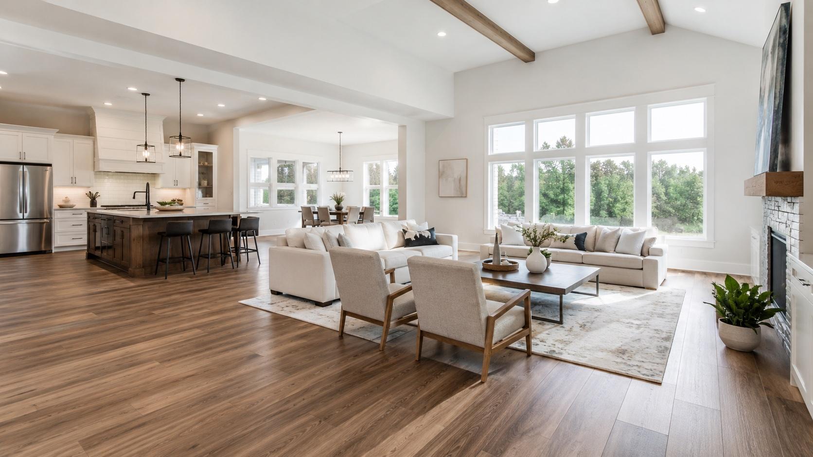 Wide-plank wood flooring in an open-concept Damascus great room with a vaulted beam ceiling and adjoining kitchen.