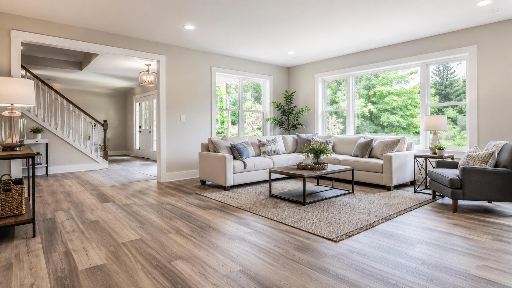 Light gray wood-look plank flooring in a freshly renovated Gaithersburg living room with an entry staircase.