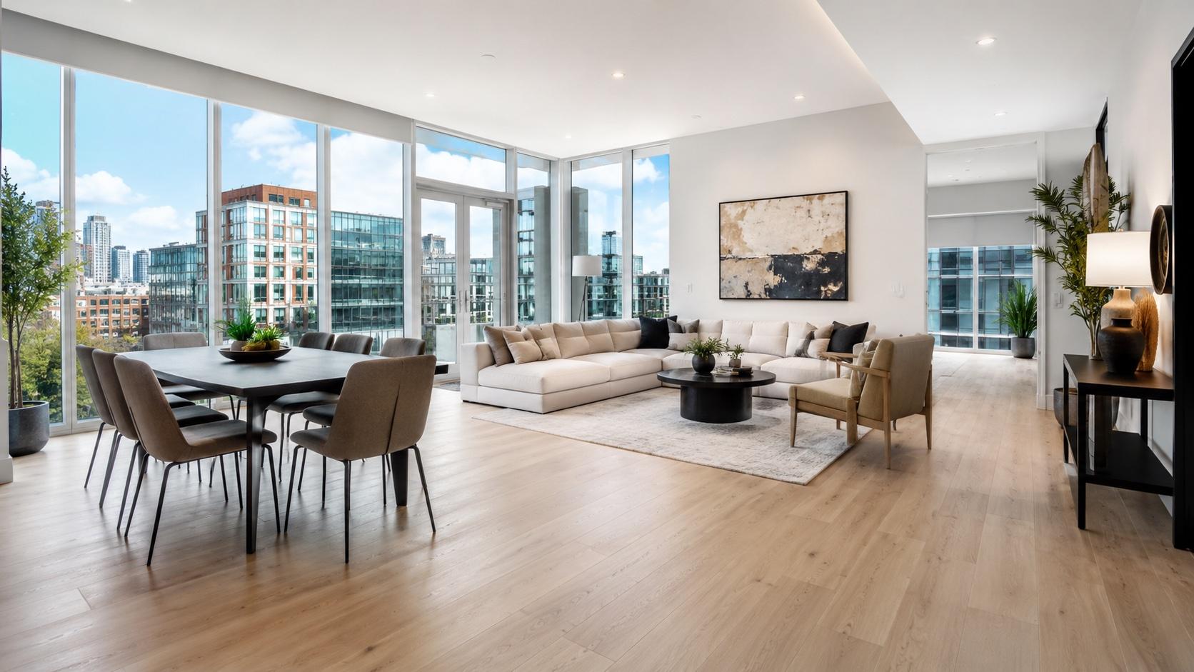 Light white-oak wide-plank flooring in a modern North Bethesda high-rise condo with floor-to-ceiling skyline windows.