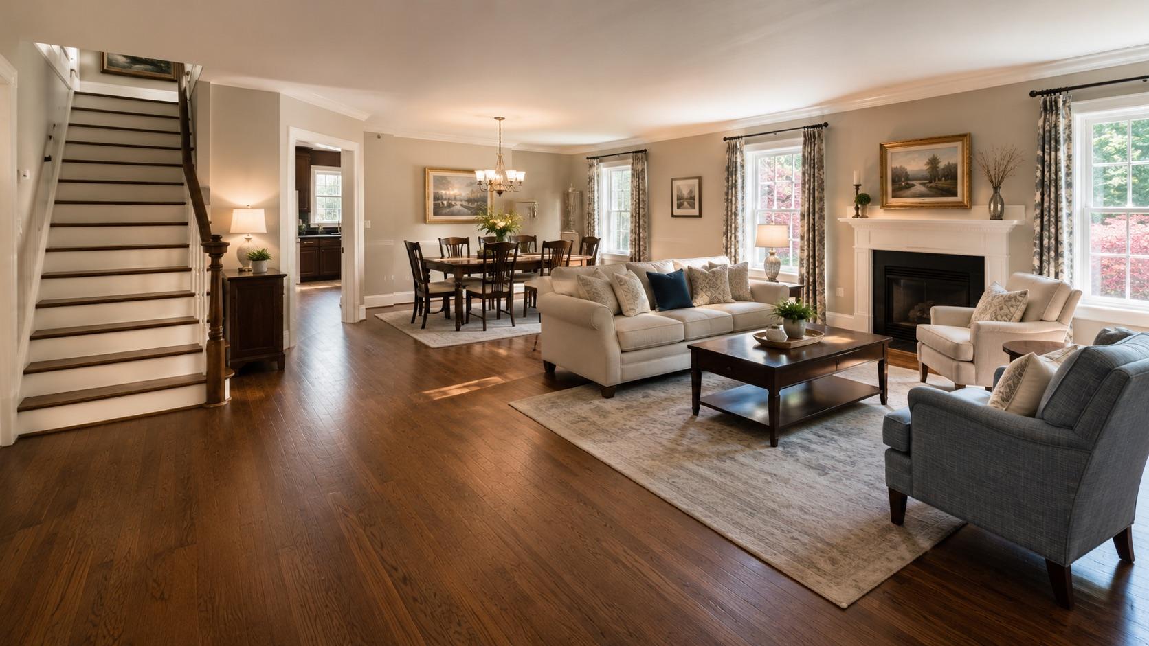 Engineered hardwood in a classic Olney brick colonial living and dining room.
