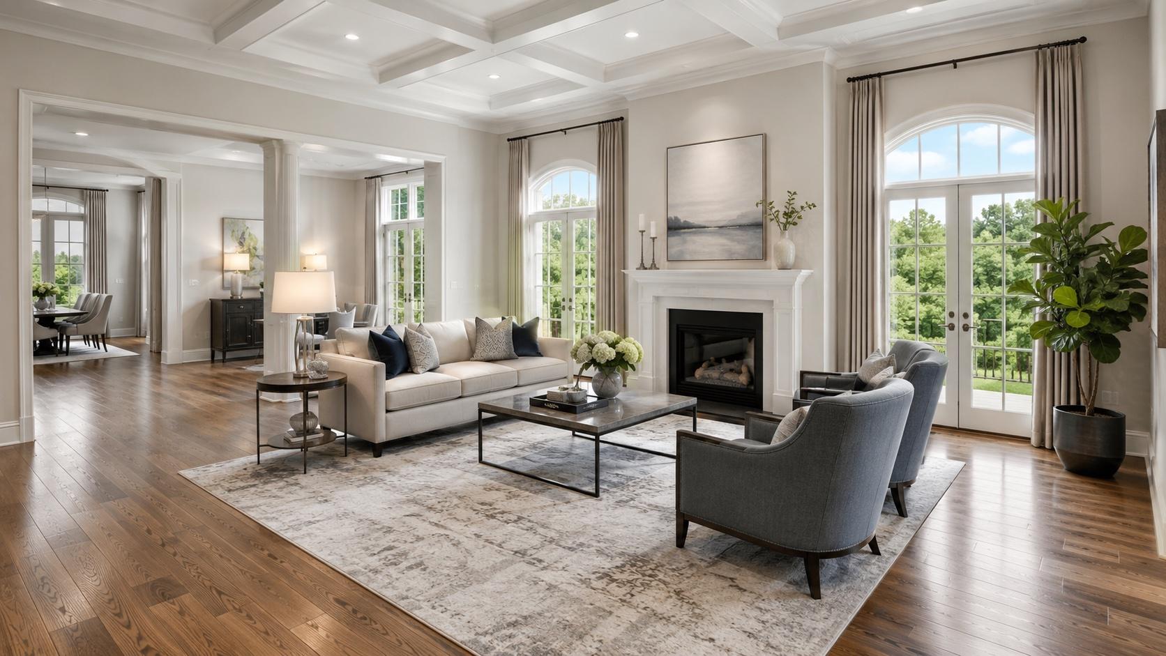 Rich hardwood flooring in a grand Potomac living room with a coffered ceiling and arched windows.