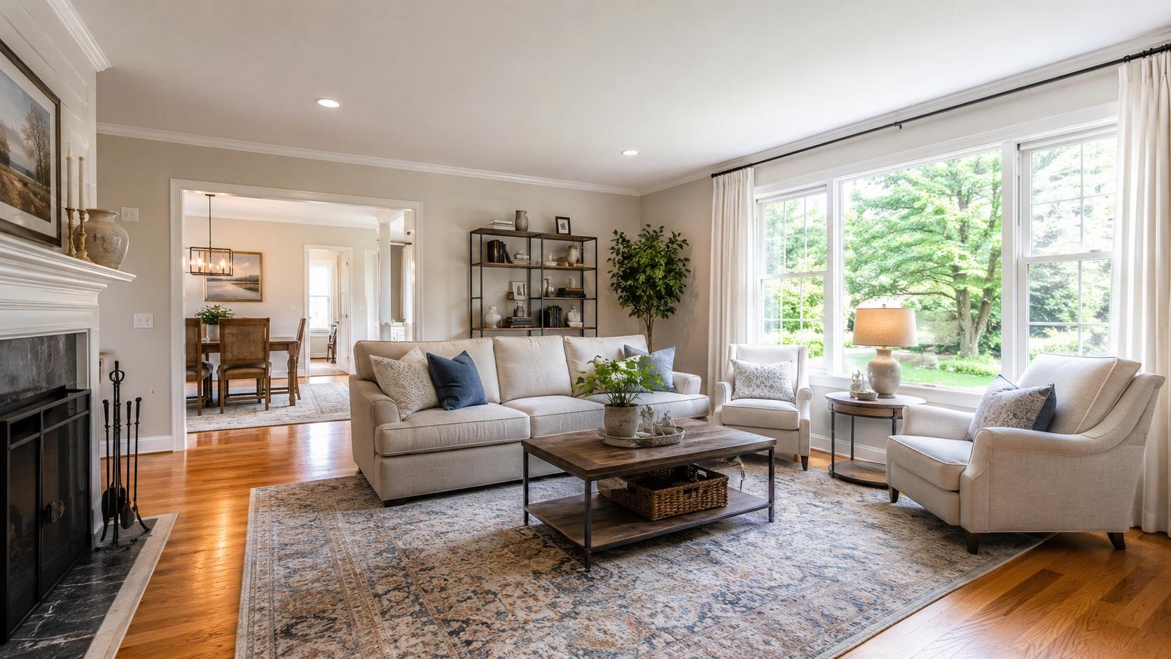 Oak hardwood flooring in a classic Rockville living room open to the dining room.