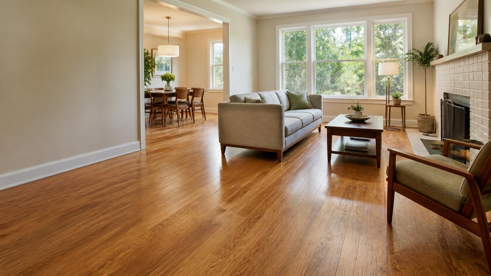 Warm oak hardwood flooring in a bright living room styled for a Silver Spring home.