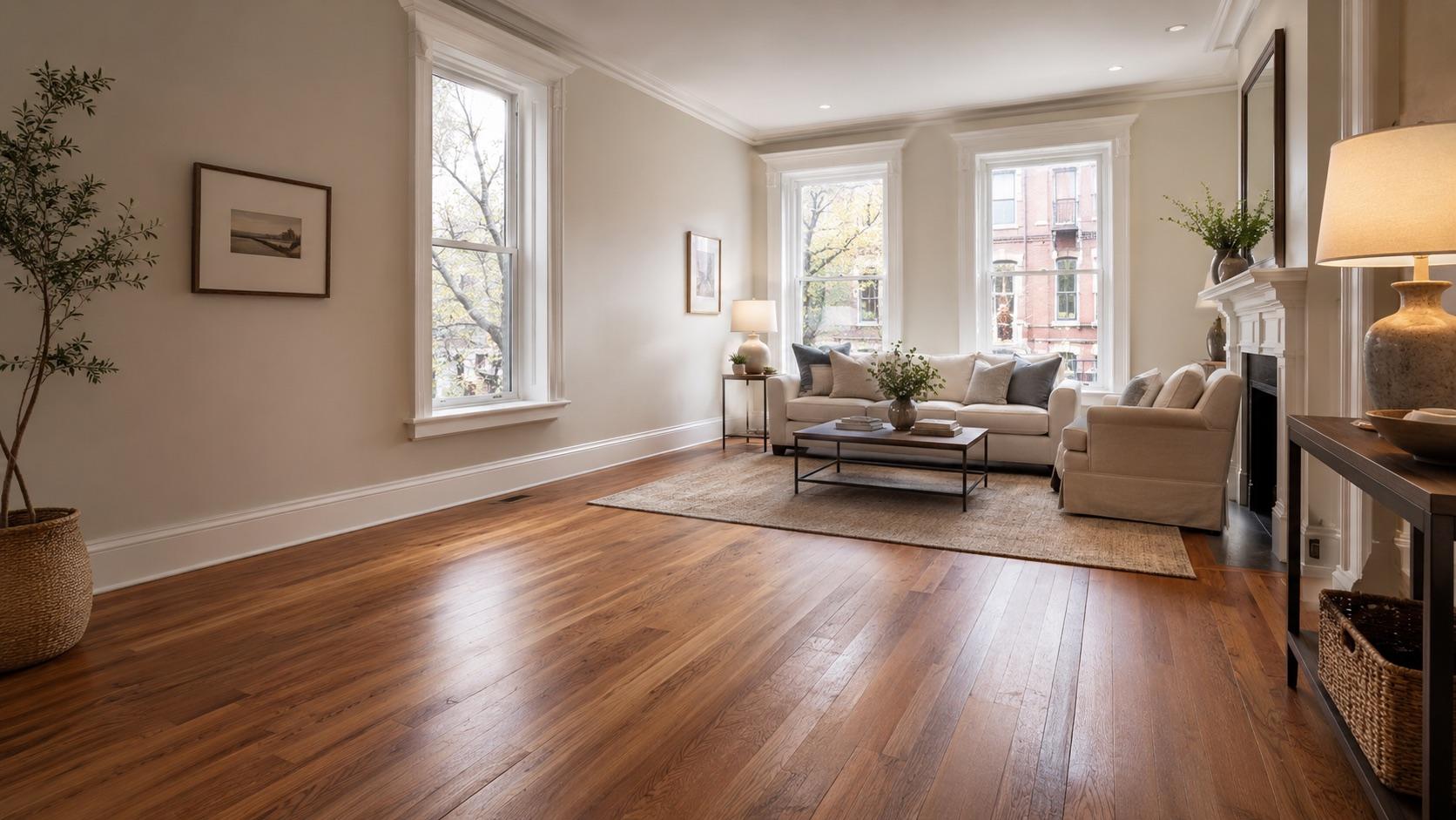 Refinished oak hardwood in a classic Northwest DC rowhouse living room with tall windows and original moldings.