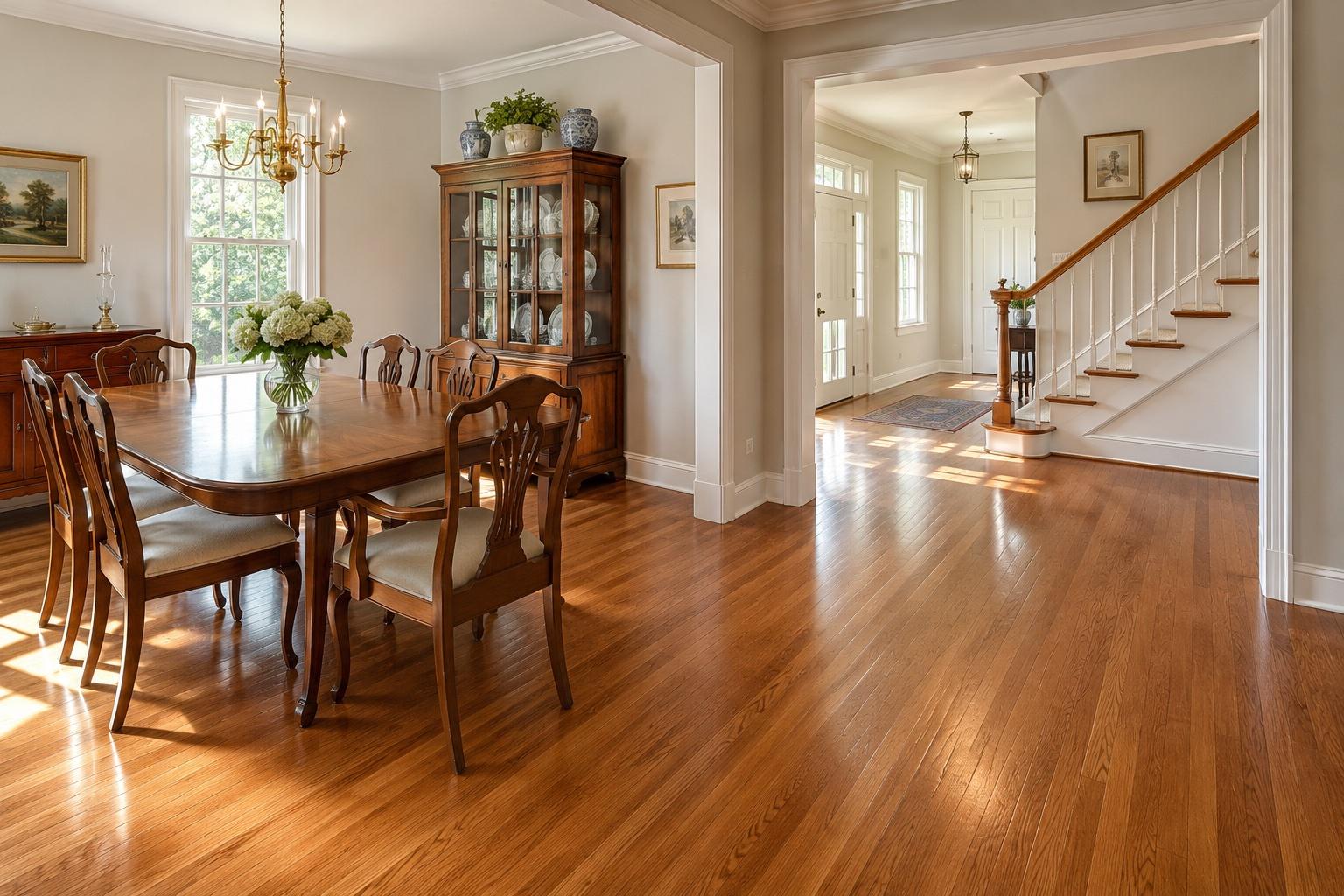 Refinished oak hardwood running from a traditional Bethesda dining room into the front hall and staircase.
