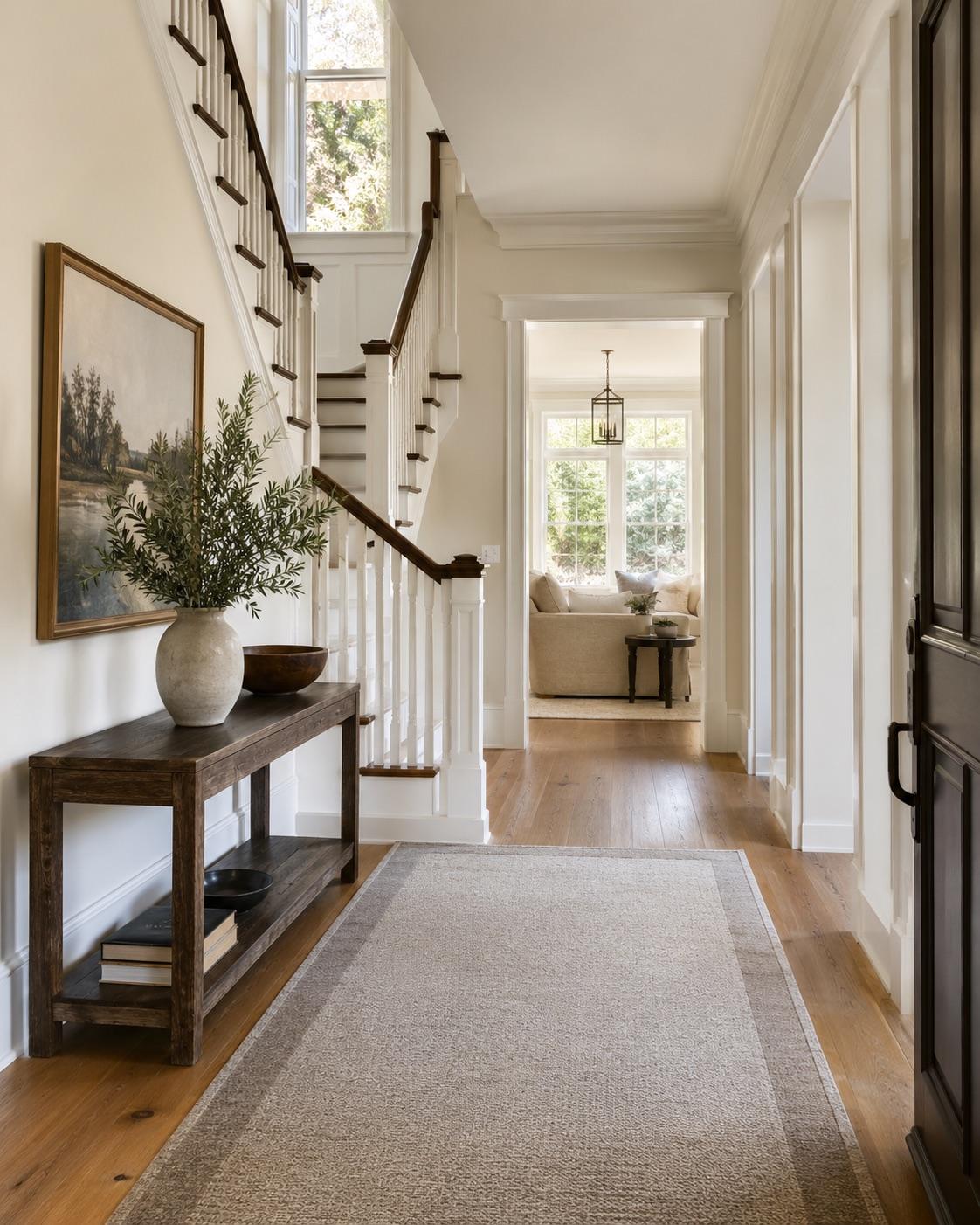 A custom bound wool area rug over hardwood in an elegant Cabin John entry and stair hall.