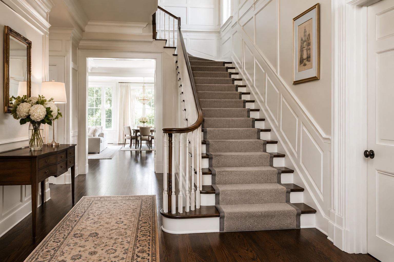 A custom wool stair runner over dark hardwood on the staircase of a formal Chevy Chase foyer.