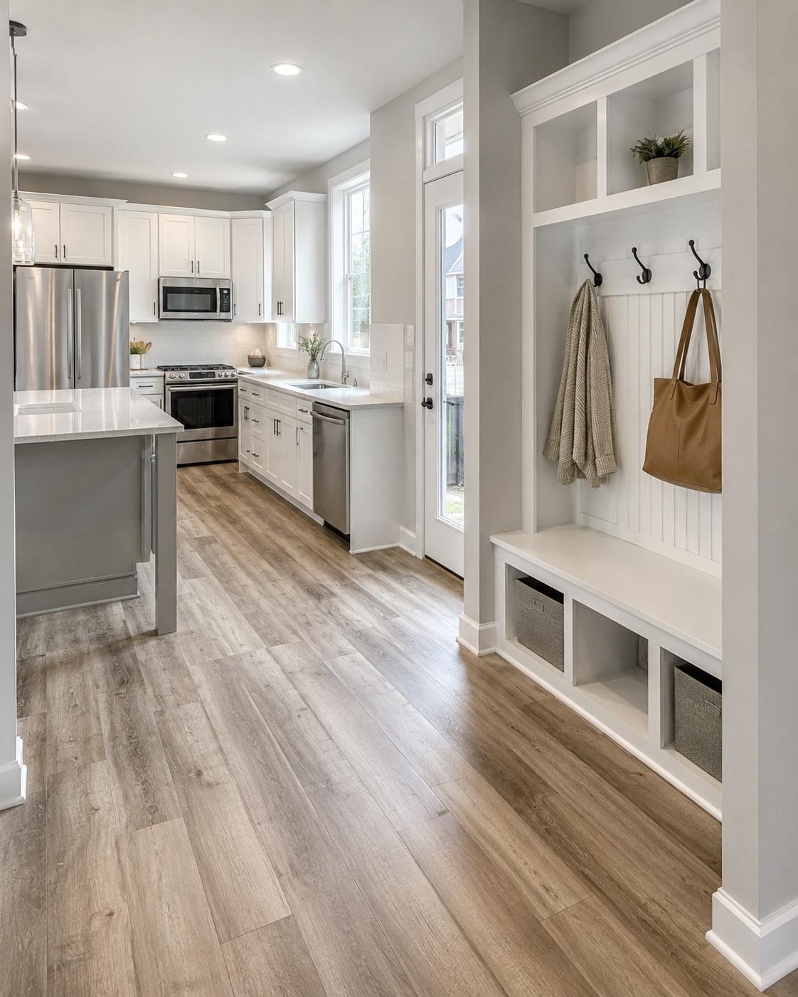 Waterproof luxury vinyl plank in a new Clarksburg townhome kitchen and mudroom.