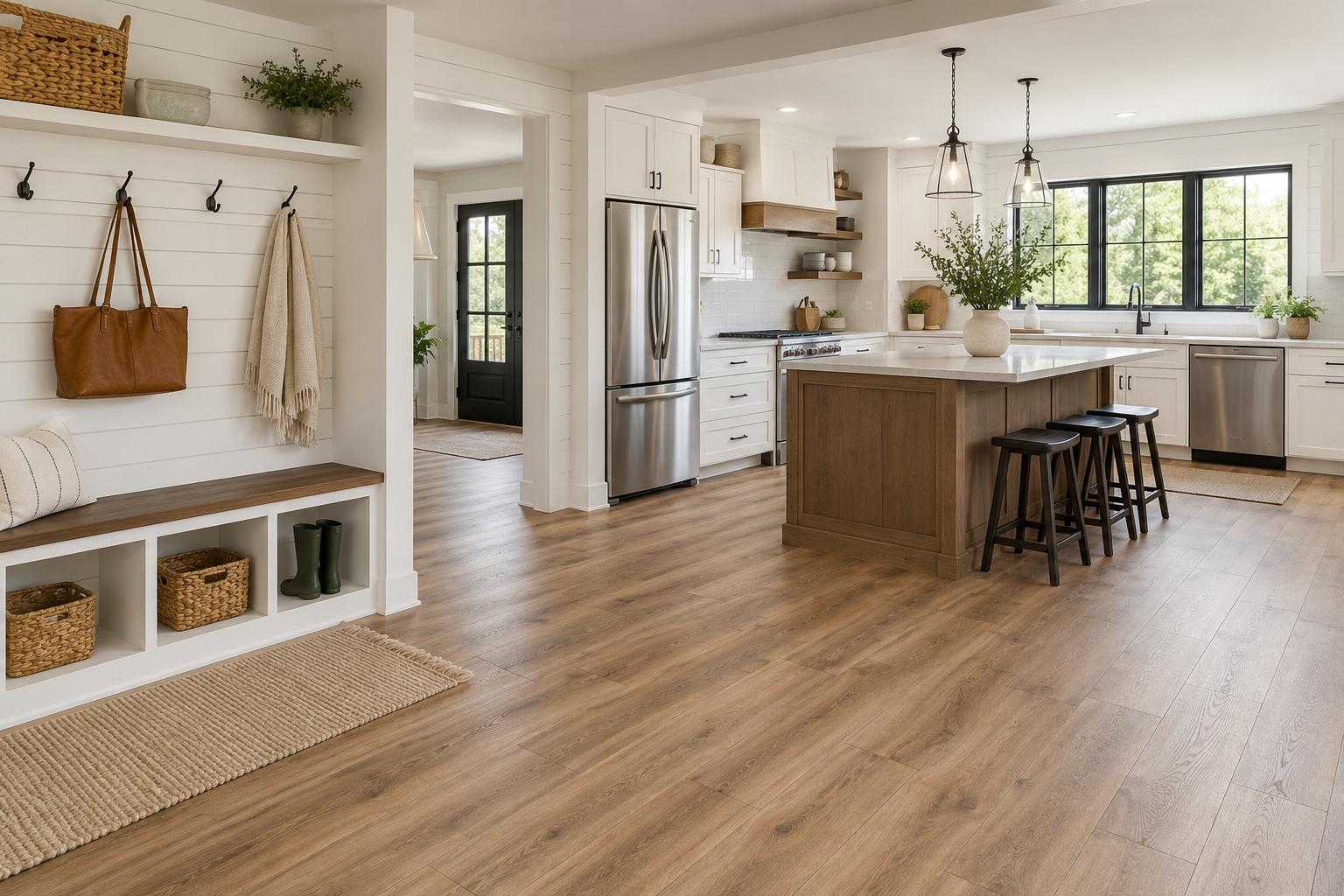 Wide-plank laminate in a modern-farmhouse Damascus mudroom and kitchen with shiplap walls.