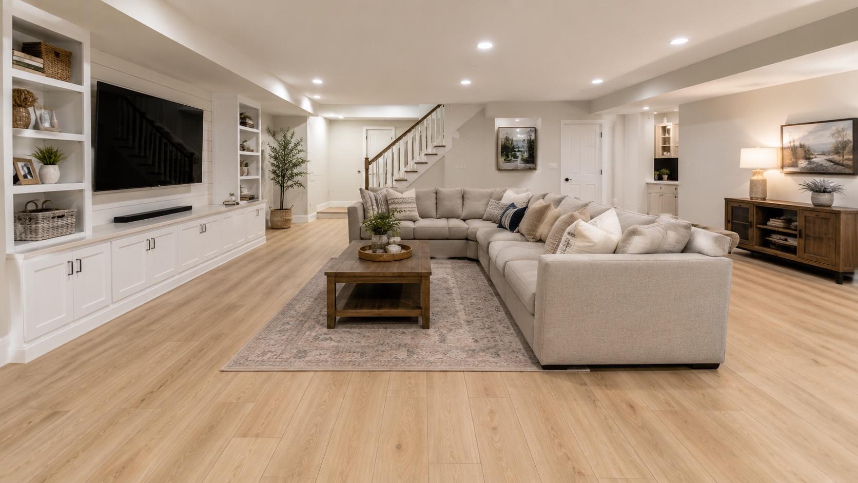 Waterproof light-oak LVP in a finished Gaithersburg basement family room.