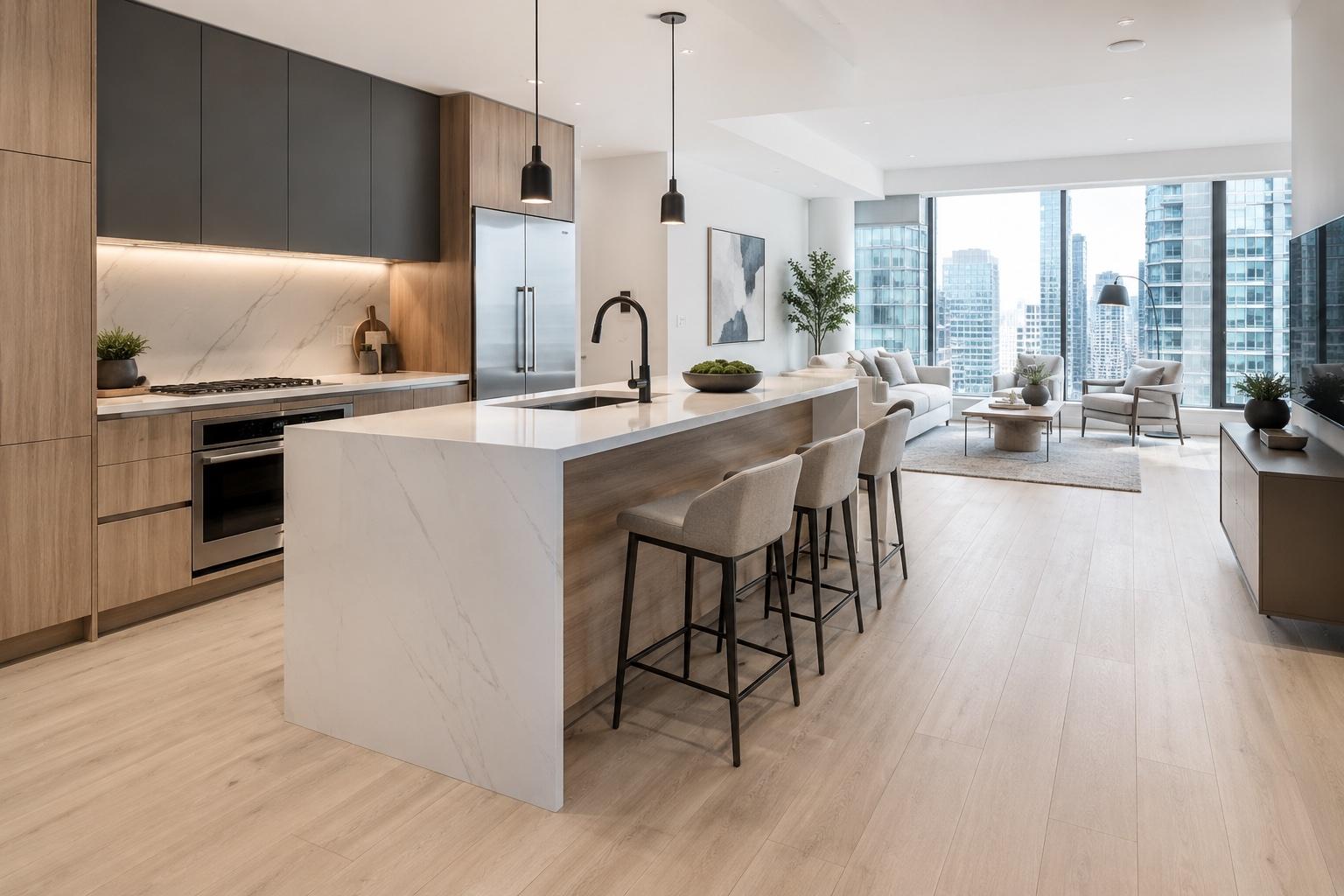 Light wood-look LVP in a modern North Bethesda high-rise condo kitchen with skyline views.