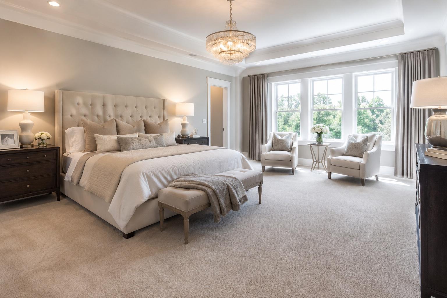 Plush neutral carpet in a Potomac primary bedroom with a tray ceiling.