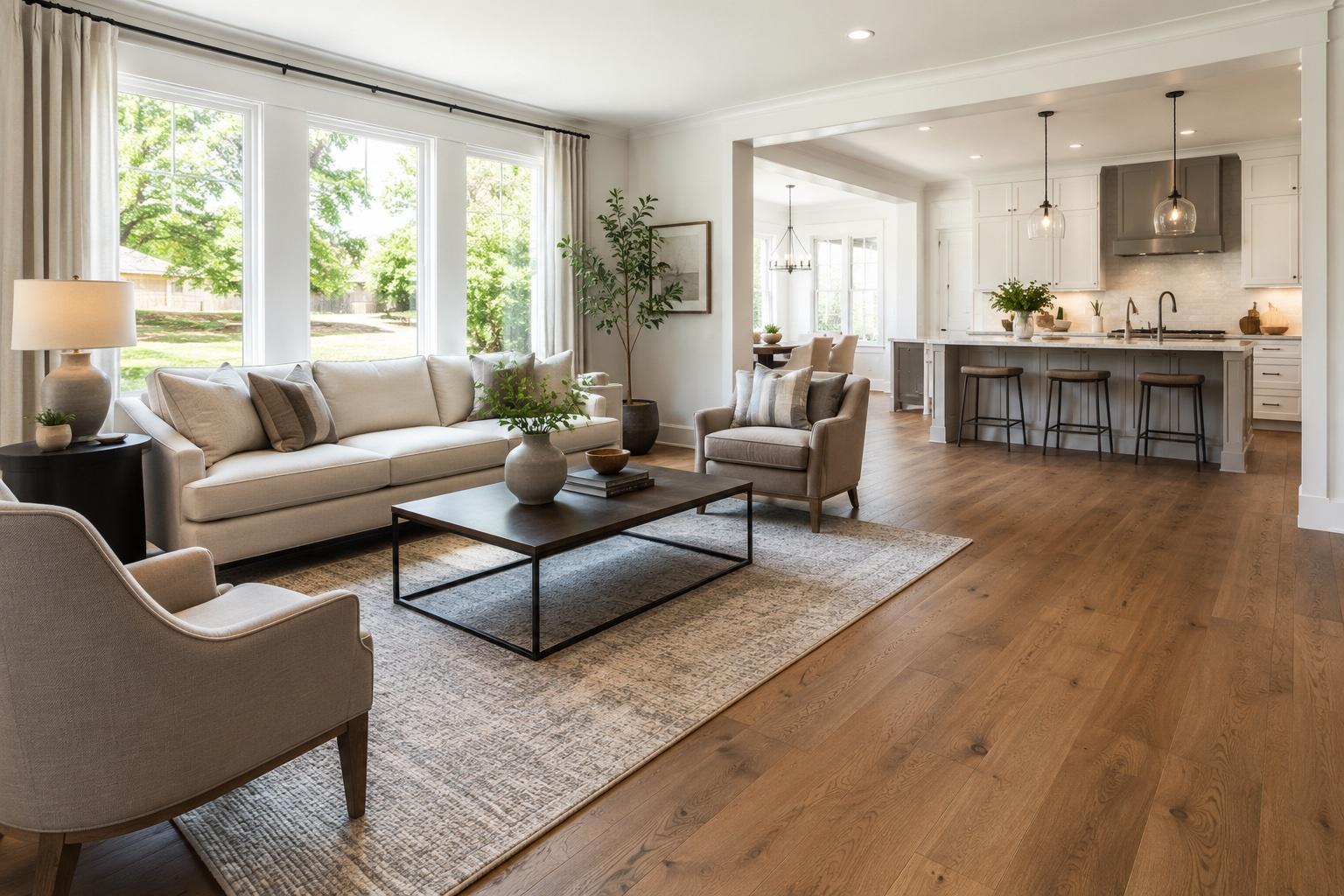 Wide-plank engineered hardwood in a bright Rockville family room open to the kitchen.