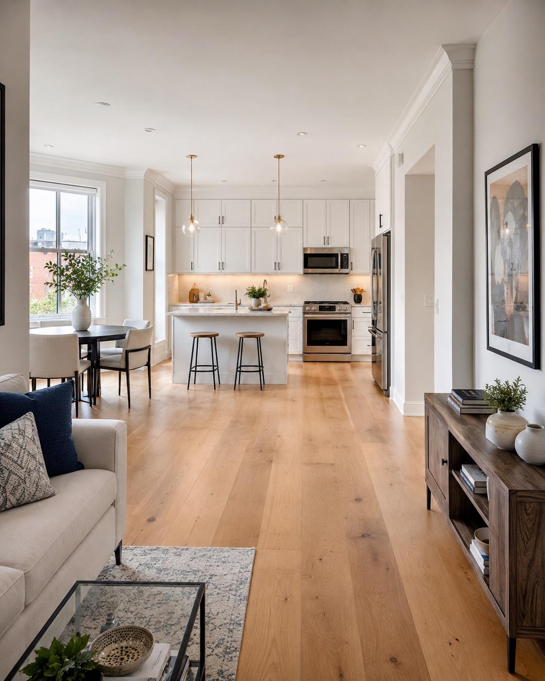 Wide-plank hardwood in a renovated Northwest DC condo open to the kitchen.