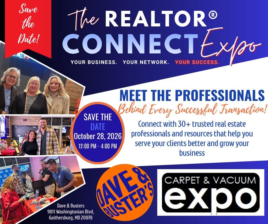 Original REALTOR Connect Expo flyer for October 28, 2026 at Dave & Buster’s in Gaithersburg, featuring Carpet & Vacuum Expo