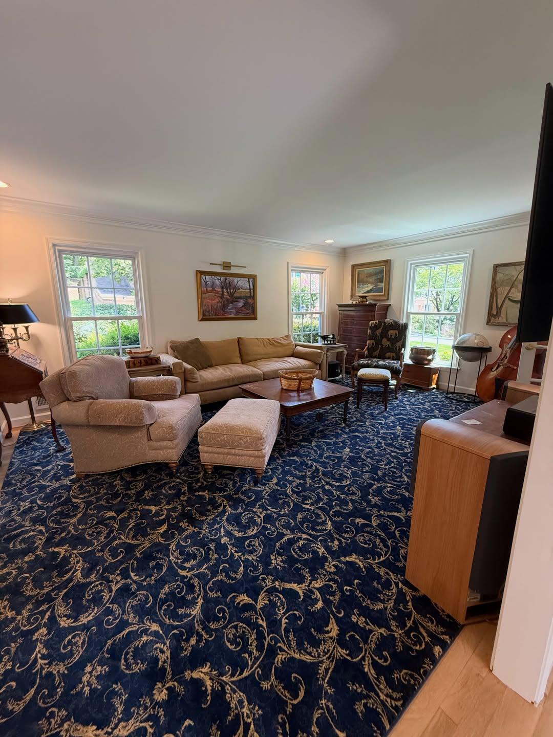 Large blue patterned custom area rug beneath a living-room seating arrangement